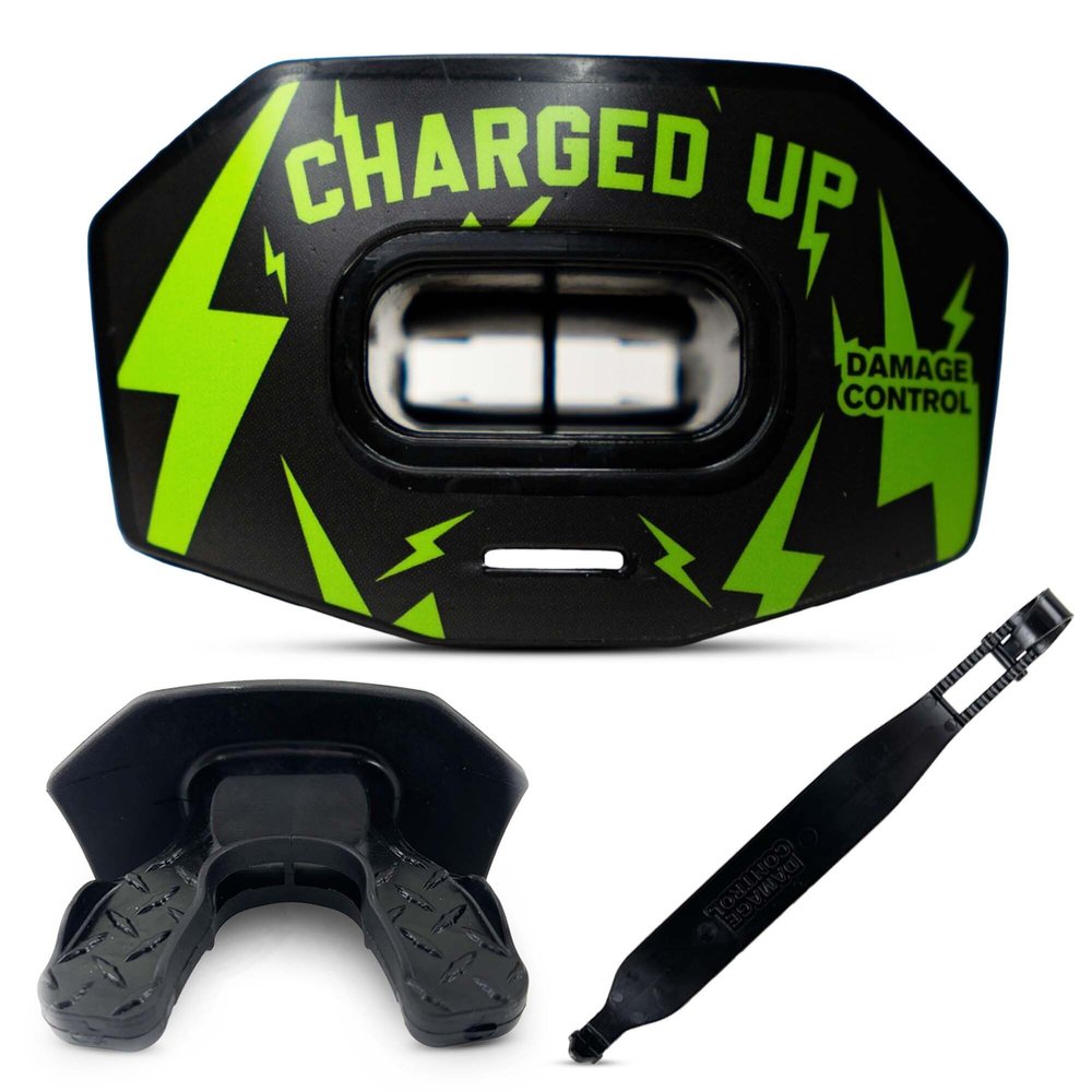 DAMAGE CONTROL Youth Football Mouth Guard Breathable No Boil Mouthpiece, Protects Lips & Teeth, Works with Braces, Includes Helmet Strap Sports Gear & Accessories (Charged Up)