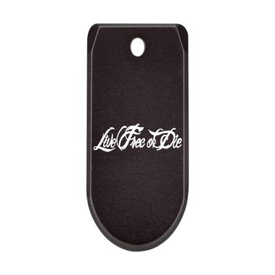 NDZ Performance Magazine Base Plate with Finger Extension for Sig P365 .380 ACP  Live Free Or Die Script  Black  Anodized Aluminum  Made in USA