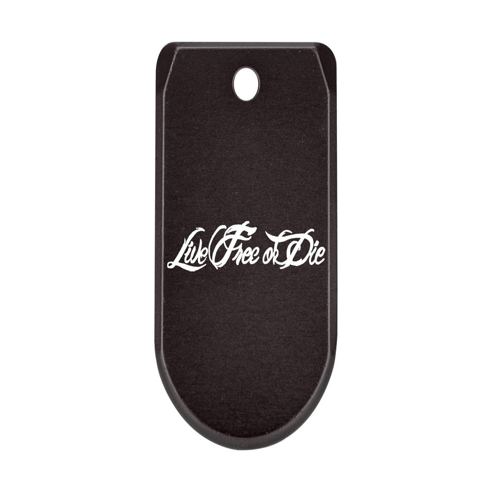 NDZ Performance Magazine Base Plate with Finger Extension for Sig P365 .380 ACP  Live Free Or Die Script  Black  Anodized Aluminum  Made in USA