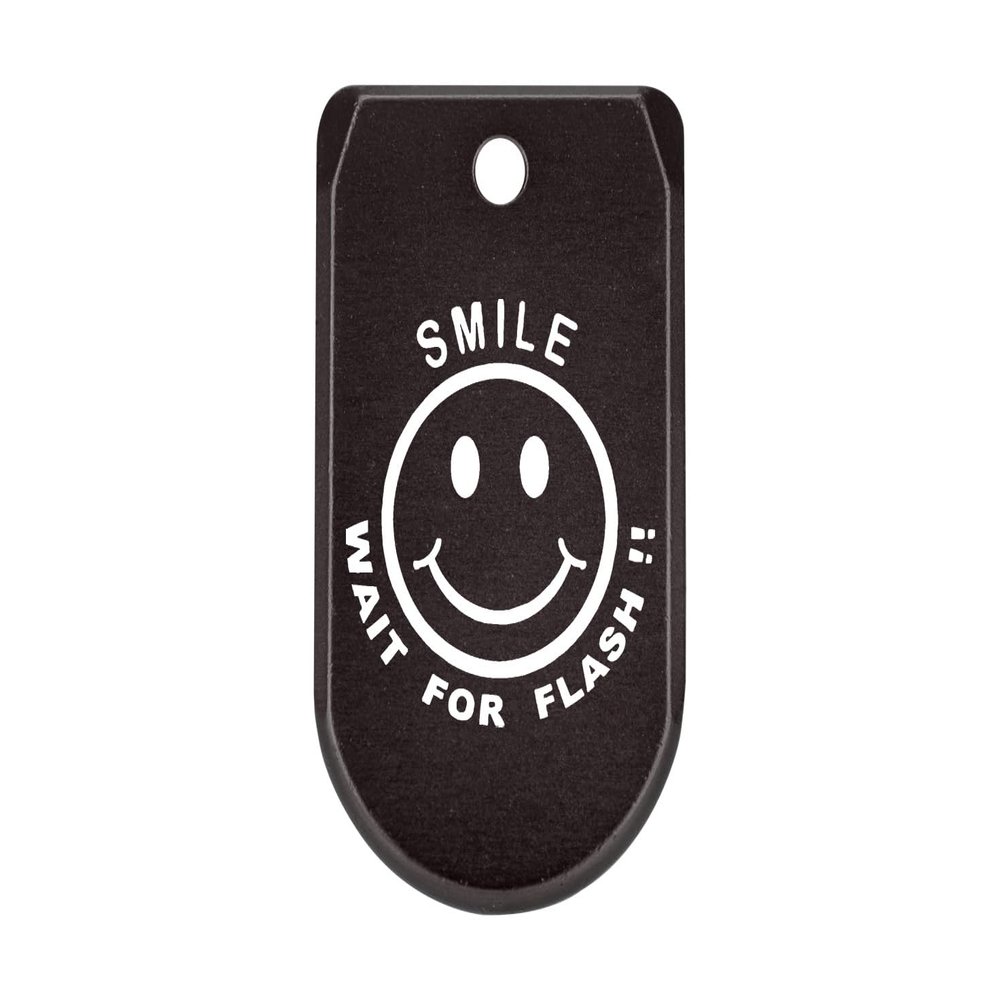 NDZ Performance Magazine Base Plate with Finger Extension for Sig P365 .380 ACP  Smile Wait for Flash Smiley  Black  Anodized Aluminum  Made in USA