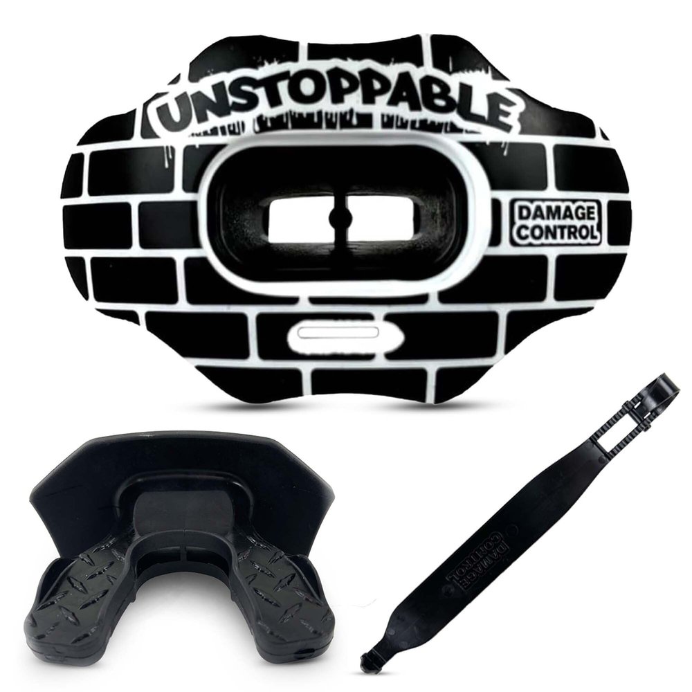 DAMAGE CONTROL Youth Football Mouth Guard  Breathable No Boil Mouthpiece, Protects Lips & Teeth, Works with Braces, Includes Helmet Strap  Sports Gear & Accessories (Unstoppable)