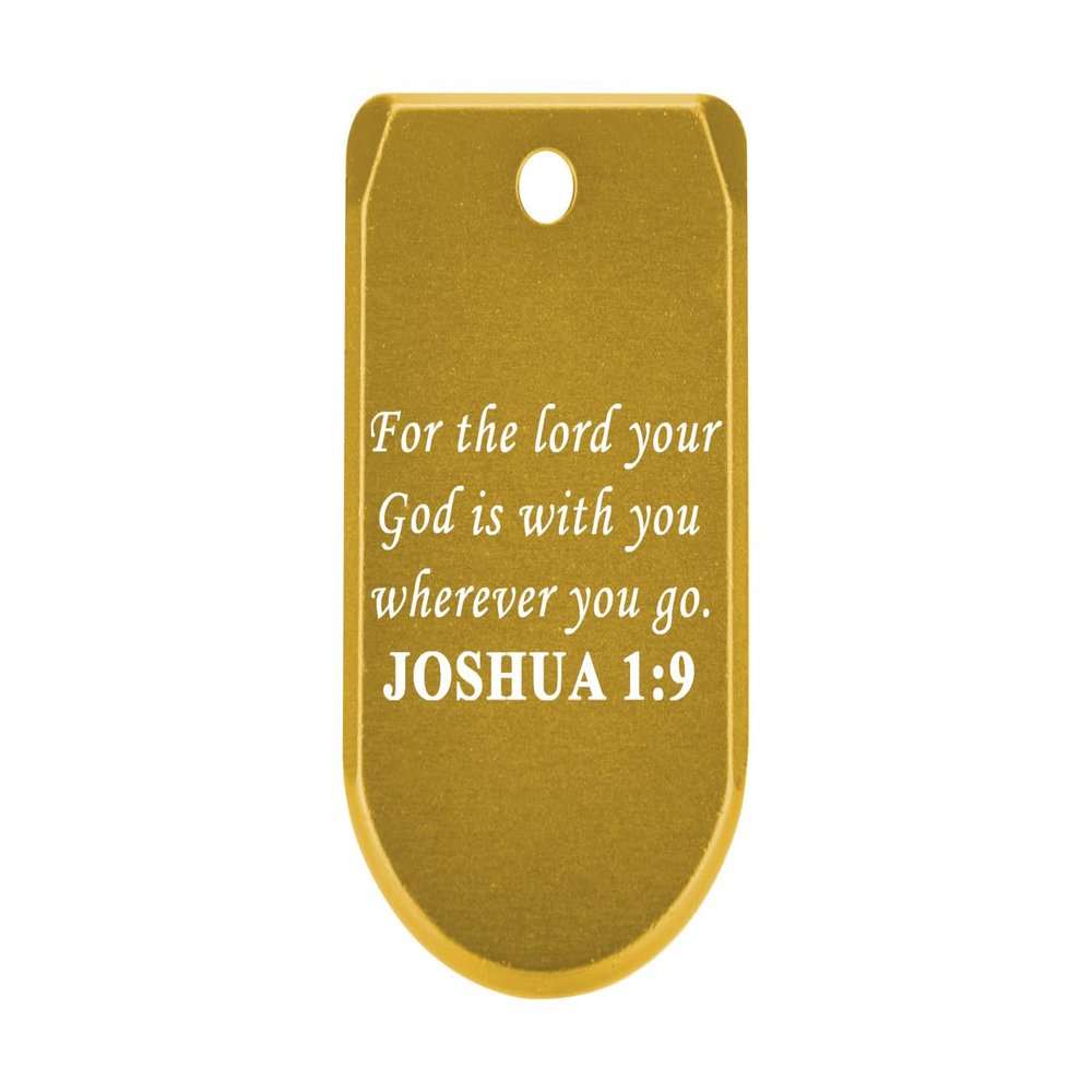 NDZ Performance Magazine Base Plate with Finger Extension for Sig P365 .380 ACP  Bible Joshua 1:9  Gold  Anodized Aluminum  Made in USA