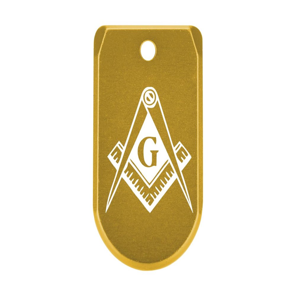 NDZ Performance Magazine Base Plate with Finger Extension for Sig P365 .380 ACP  Masonic Mason Calipers G Logo  Gold  Anodized Aluminum  Made in USA