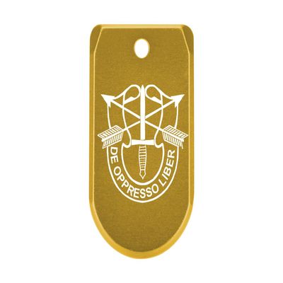 NDZ Performance Magazine Base Plate with Finger Extension for Sig P365 .380 ACP US Army Special Forces Emblem Gold Anodized Aluminum Made in USA