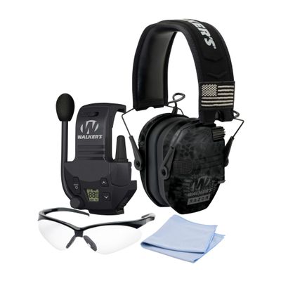Walkers Razor Patriot Series Hi-Gain Omnidirectional Microphone Electronic Muffs (Kryptek Camo) Bundle with Walkie-Talkie Attachment, Protective Sport Glasses and Cleaning Cloth (4 Items)