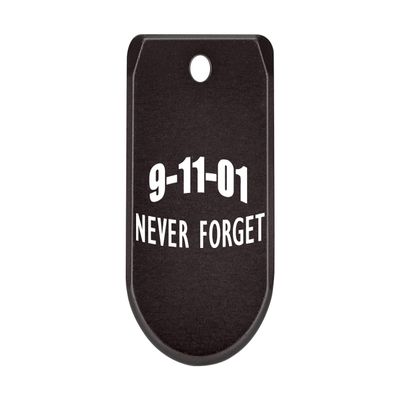 NDZ Performance Magazine Base Plate with Finger Extension for Sig P365 .380 ACP  9/11 Never Forget Text Arch  Black  Anodized Aluminum  Made in USA