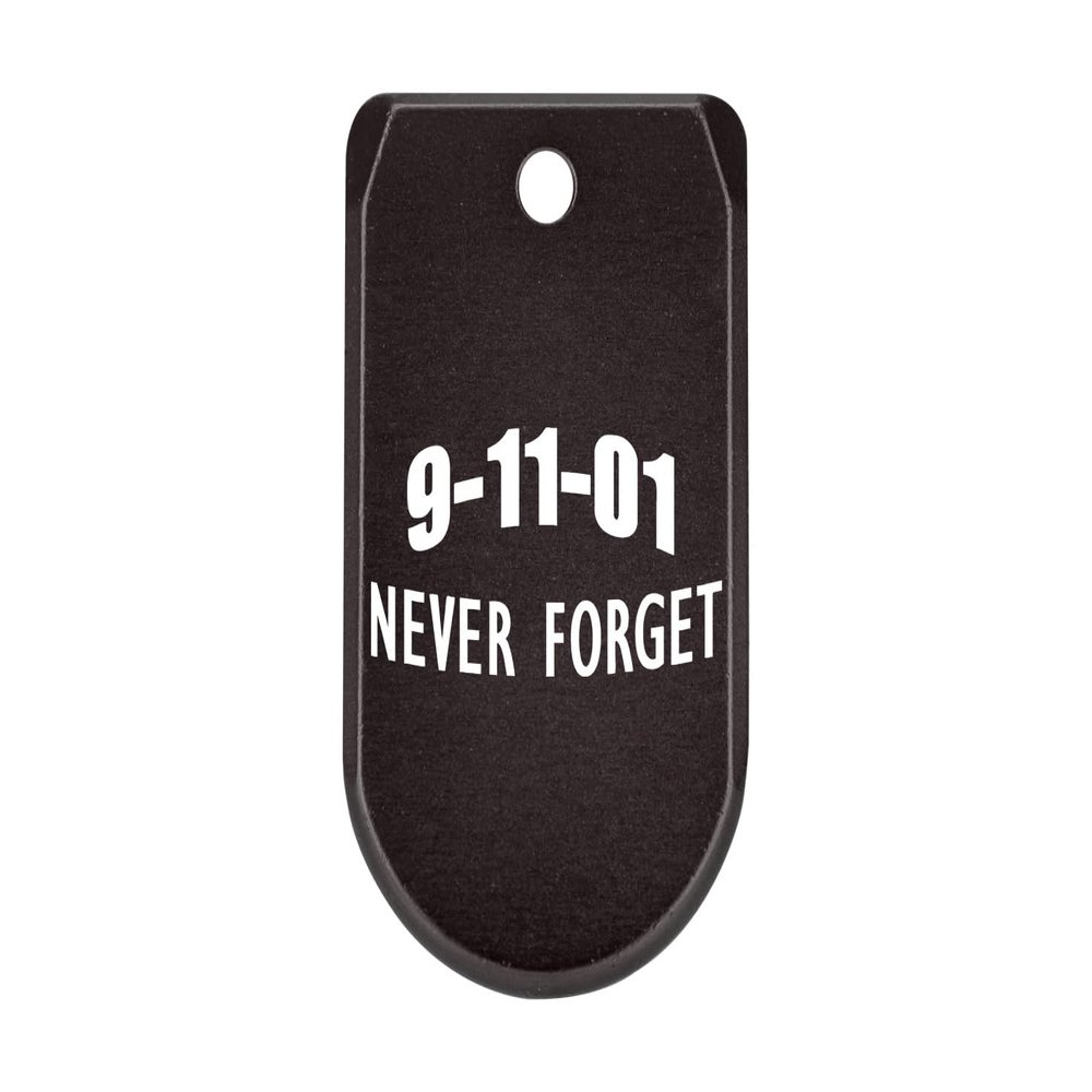NDZ Performance Magazine Base Plate with Finger Extension for Sig P365 .380 ACP  9/11 Never Forget Text Arch  Black  Anodized Aluminum  Made in USA