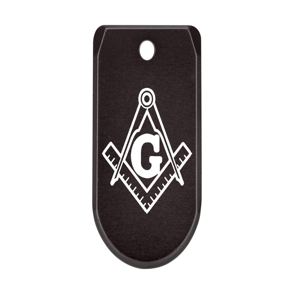 NDZ Performance Magazine Base Plate with Finger Extension for Sig P365 .380 ACP  Masonic Square and Compass  Black  Anodized Aluminum  Made in USA