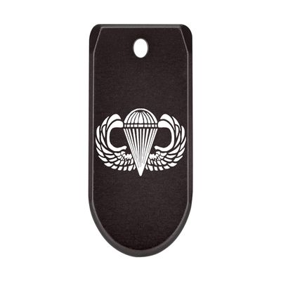 NDZ Performance Magazine Base Plate with Finger Extension for Sig P365 .380 ACP  Airborne Jump Wings  Black  Anodized Aluminum  Made in USA