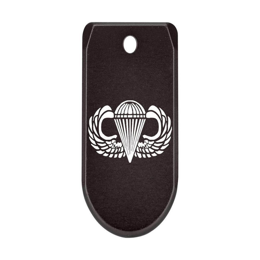 NDZ Performance Magazine Base Plate with Finger Extension for Sig P365 .380 ACP  Airborne Jump Wings  Black  Anodized Aluminum  Made in USA