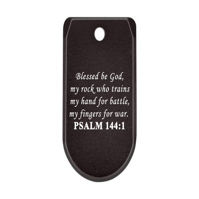 NDZ Performance Magazine Base Plate with Finger Extension for Sig P365 .380 ACP Bible Psalm 144:1 Black Anodized Aluminum Made in USA