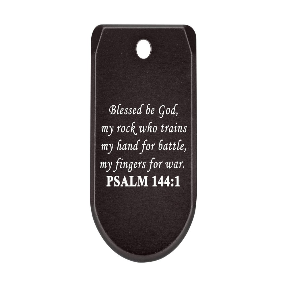 NDZ Performance Magazine Base Plate with Finger Extension for Sig P365 .380 ACP Bible Psalm 144:1 Black Anodized Aluminum Made in USA