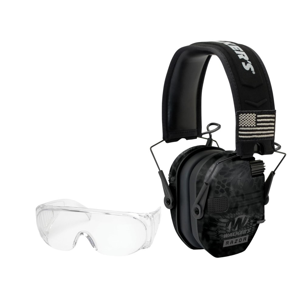 Walkers Razor Patriot Series Hi-Gain Omnidirectional Microphone Electronic Muffs (Kryptek Camo) Bundle with Protective Full Coverage Sport Shooting Glasses (2 Items)