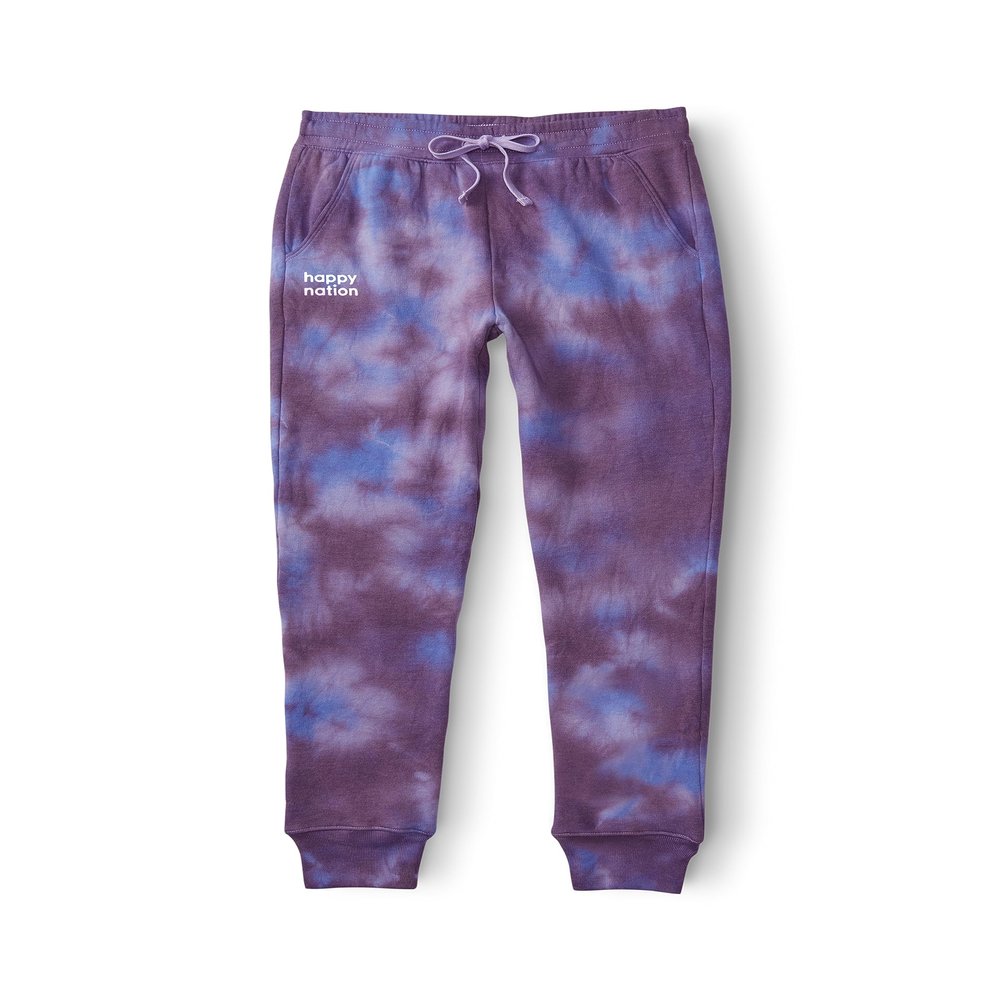 Happy Nation Jogger Fleece Sweatpants, Pure Purple Tie Dye, Large