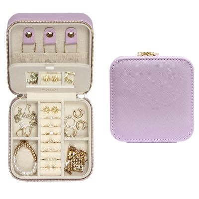 BLUTETE Saffiano Leather Travel Jewelry Box with Mirror | Portable Jewelry Zipper Case | Multi Compartments Jewelry Organizer | Popular Gift Jewelry Box Rings Earrings Nacklaces (Lilac)