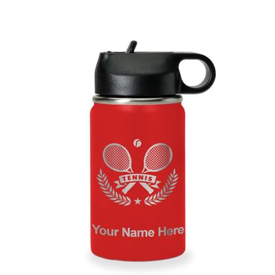 LaserGram Personalized Water Bottle, Tennis Rackets, Stainless Steel Double Wall Vacuum Insulated with Flip Top Straw, Custom Engraved Gift (12oz / 335ml Red)
