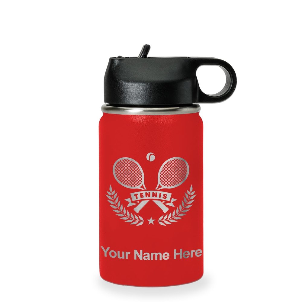 LaserGram Personalized Water Bottle, Tennis Rackets, Stainless Steel Double Wall Vacuum Insulated with Flip Top Straw, Custom Engraved Gift (12oz / 335ml Red)