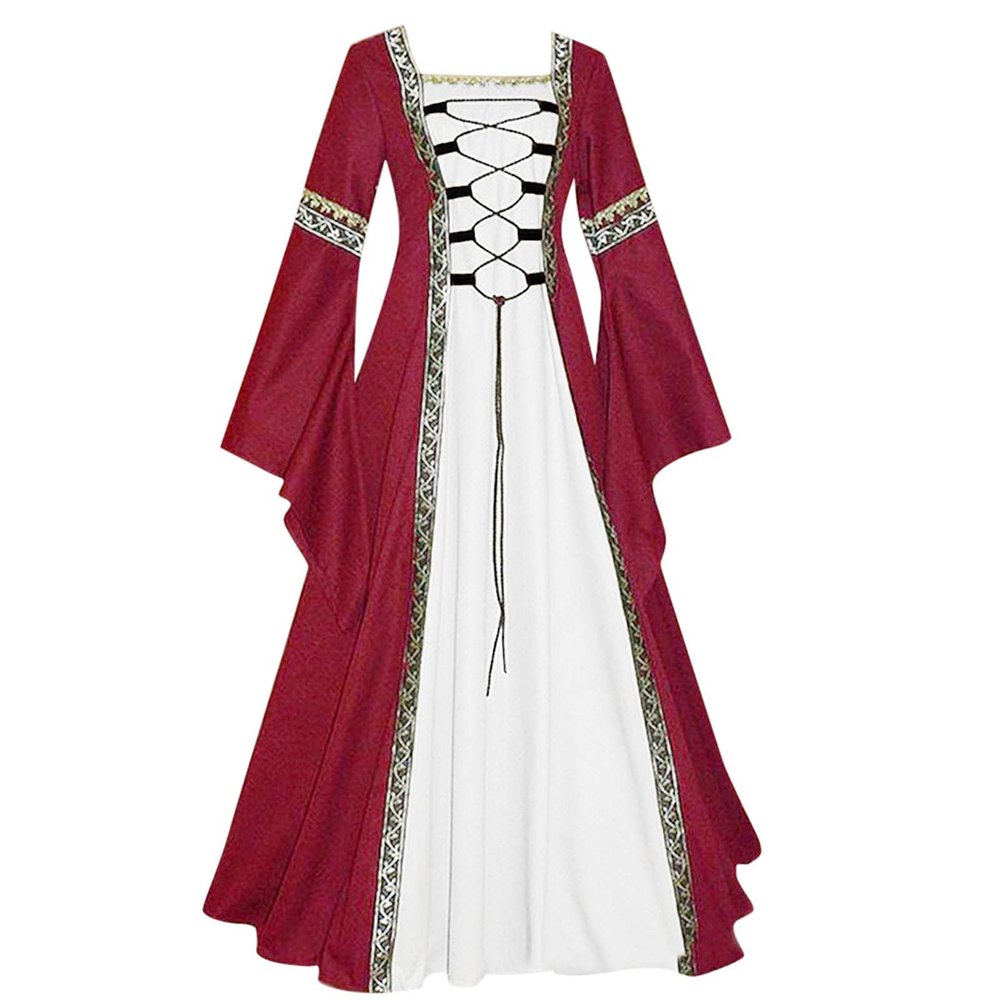 NATHGAM Halloween Womens Maxi Dresses Casual Renaissance Costumes Pirate Peasant Dresses Vintage Medieval Floor Dresses Wine