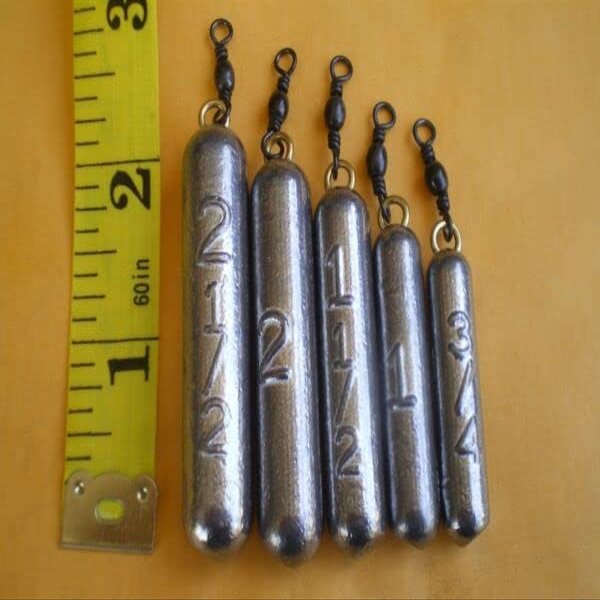 30 B. BOUNCER PENCIL SINKER 3/4,1,1-1/2,2,2-1/2 OZ/6ea. W/BLACK SWIVEL/BRASS EYE for Toothy Critters, Rigging Baits and Lures for Saltwater & Freshwater.