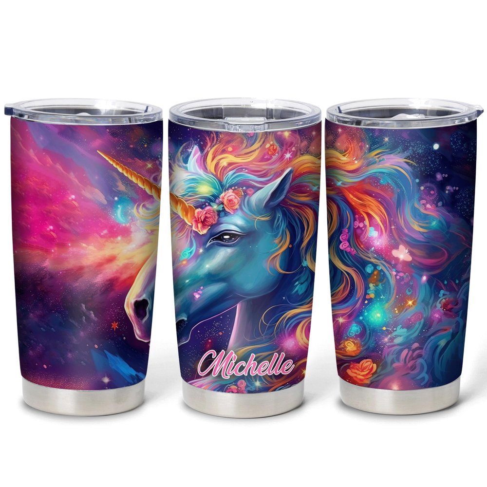 Hyturtle Personalized Gifts Unicorn Lover - Unicorn With Floral Printed Custom Name Stainless Steel Tumbler 20 oz With Lid - Idea Cute Animals Lover Gifts For Women, Girl, Kids On Birthday, Christmas