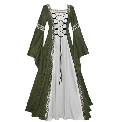 NATHGAM Halloween Womens Maxi Dresses Casual Renaissance Costumes Pirate Peasant Dresses Vintage Medieval Floor Dresses Green