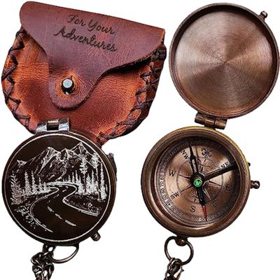 Vintage Brass Compass with Leather Carry Case Collectible Compass Nautical Unique Gift for Adventure Hiking Campaign Travel Tool