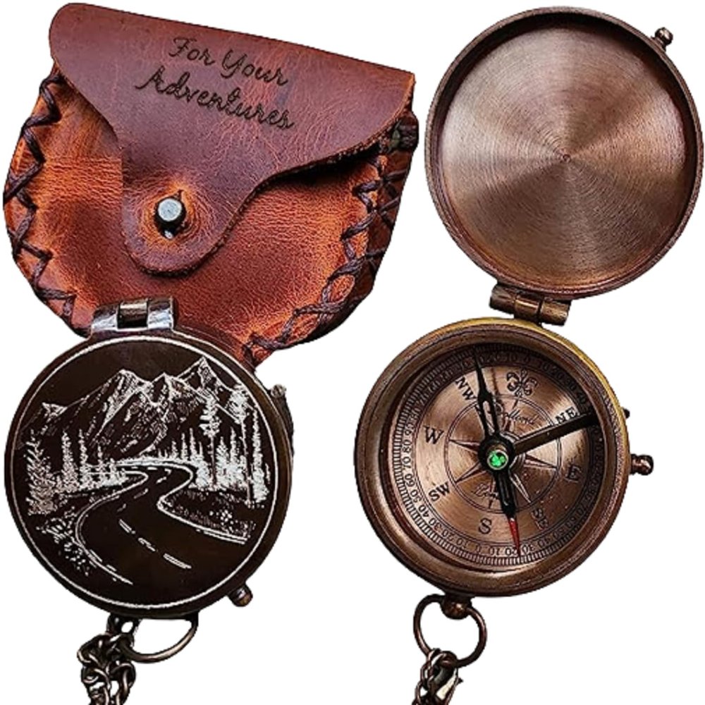Vintage Brass Compass with Leather Carry Case Collectible Compass Nautical Unique Gift for Adventure Hiking Campaign Travel Tool