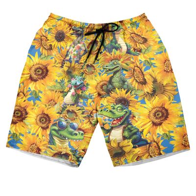 228CLOSET Alligator Lovers Men's Swim Trunks - Sunflower Hawaiian Shorts for Men, Men's Summer Bathing Shorts Set 38 Size Size 5XL