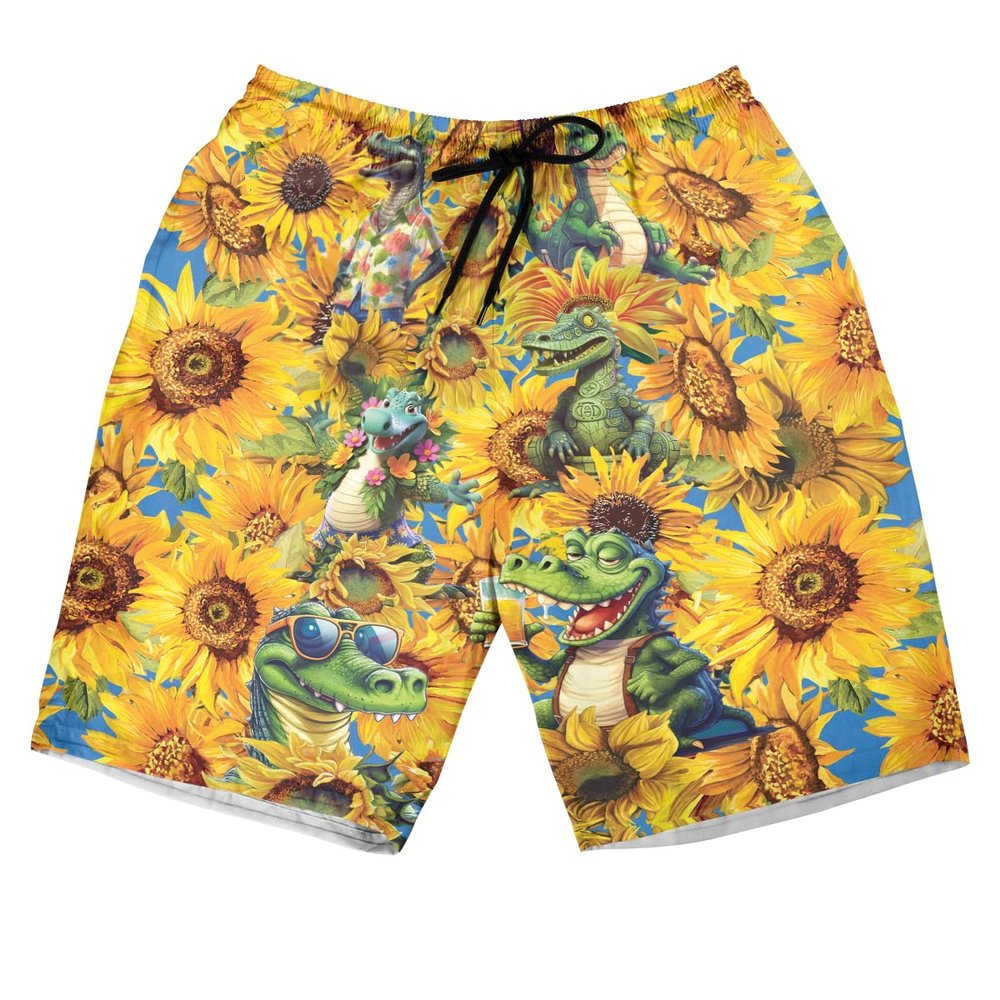 228CLOSET Alligator Lovers Men's Swim Trunks - Sunflower Hawaiian Shorts for Men, Men's Summer Bathing Shorts Set 38 Size Size 5XL