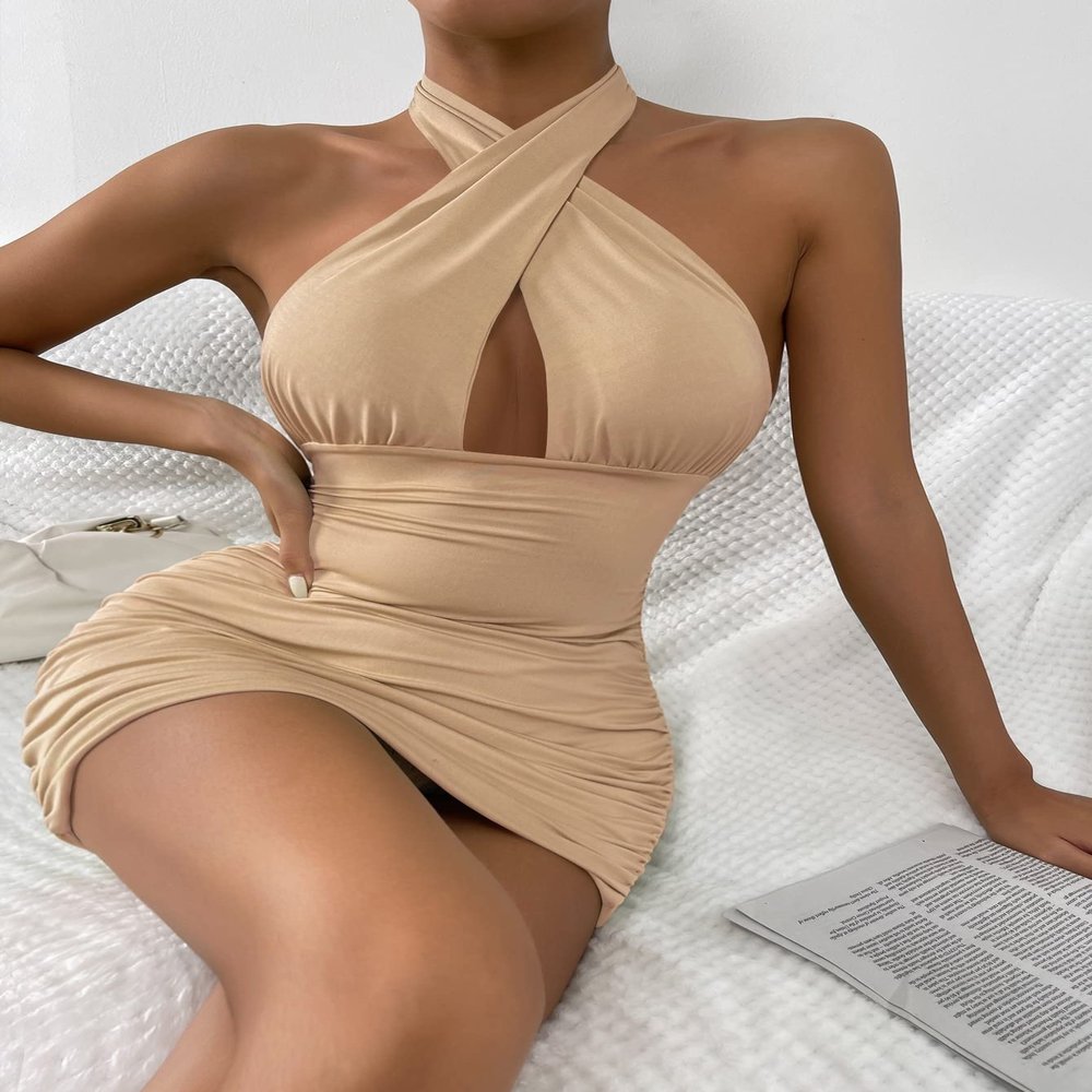 PHONME Women's Dress Crisscross Front Peekaboo Open Back Bodycon Halter Dress Dress Dress (Color : Khaki, Size : Small)
