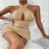 PHONME Women's Dress Crisscross Front Peekaboo Open Back Bodycon Halter Dress Dress Dress (Color : Khaki, Size : Small) view 1