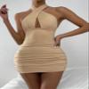 PHONME Women's Dress Crisscross Front Peekaboo Open Back Bodycon Halter Dress Dress Dress (Color : Khaki, Size : Small) view 4