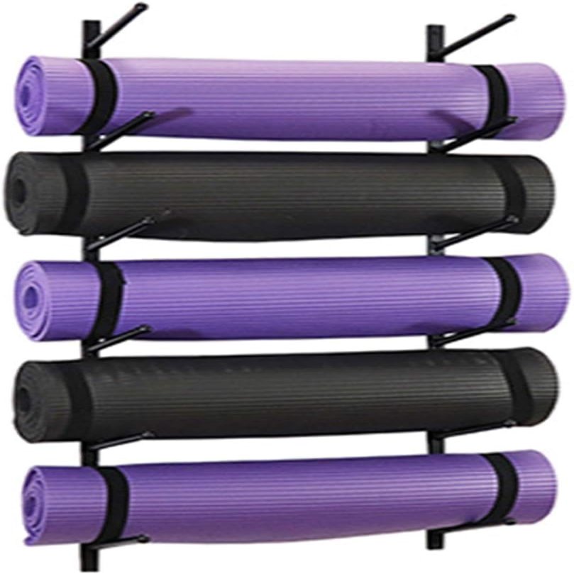 Katzowen Iron Hanging Holder Storage Shelf Yoga Mat Foam Rollers Wall Rack for Exercise Mat & Resistance Bands, Up to 8 Inch Diameter (Color : Black)