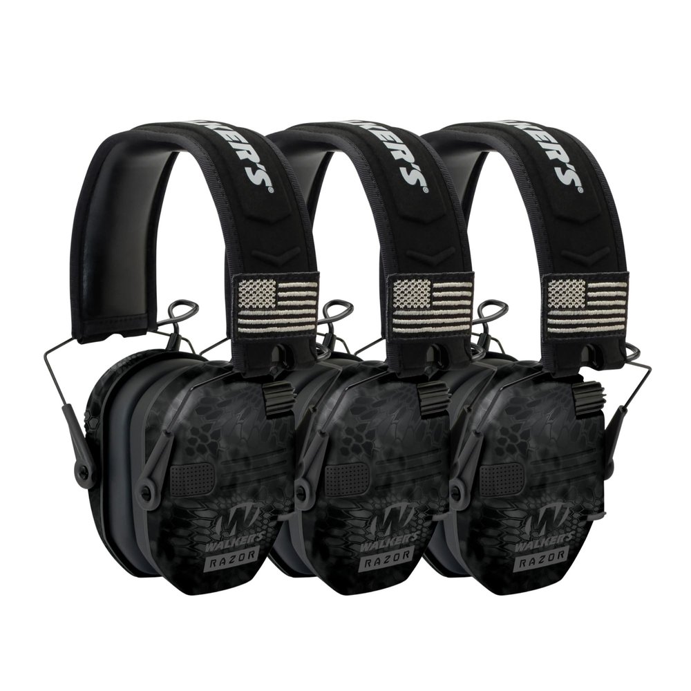 Walkers Razor Patriot Series Hi-Gain Omnidirectional Microphone Adjustable Range Shooting Hunting Hearing Protection Electronic Earmuffs (Kryptek Camo) (3-Pack)