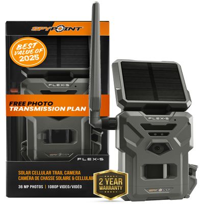 SPYPOINT FLEX-S Solar Outdoor Cellular Trail Camera - Integrated Solar Panel, No WiFi Needed, Hunting & Game Camera with Night Vision Motion Activated, Dual-Sim LTE, 36MP Photos, 1080p Videos + Sound