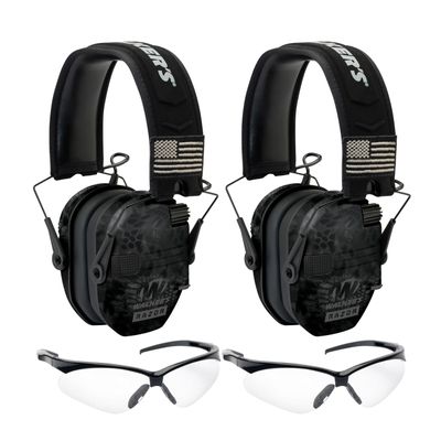 Walkers Razor Patriot Series Hi-Gain Omnidirectional Microphone Adjustable Range Shooting Hunting Hearing Protection Electronic Earmuffs (Camo) Bundle with Protective Glasses (2-Pack)