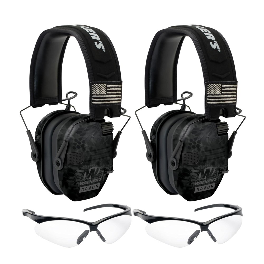 Walkers Razor Patriot Series Hi-Gain Omnidirectional Microphone Adjustable Range Shooting Hunting Hearing Protection Electronic Earmuffs (Camo) Bundle with Protective Glasses (2-Pack)