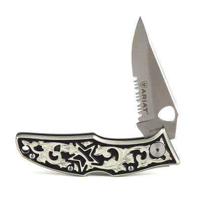 ARIAT Large German Silver Folding Knife, Black/Silver Handle - Engraved Western Design