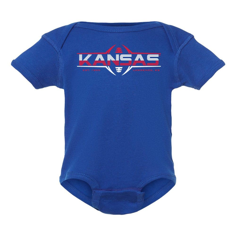 CornBorn Kansas Jayhawks Onesie - Kansas Football Laces - Royal Blue - 12M