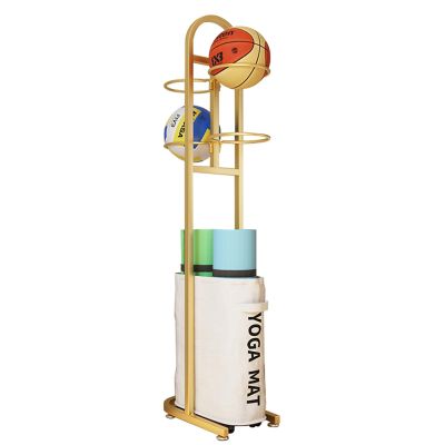 JLXJYS Metal Yoga Mat Storage Rack, Home Gyms Fitness Center Yoga Mat Holder with Ball Basket & Storage Box, Standing Workout Equipment Organizer (Color : Gold)