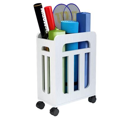 JLXJYS Solid Wood Gym Storage Rack, Home Gyms Workout Equipment Organizer with Wheels, for Yoga Mat Sports Exercise Pads Floor Standing Holder (Color : White)