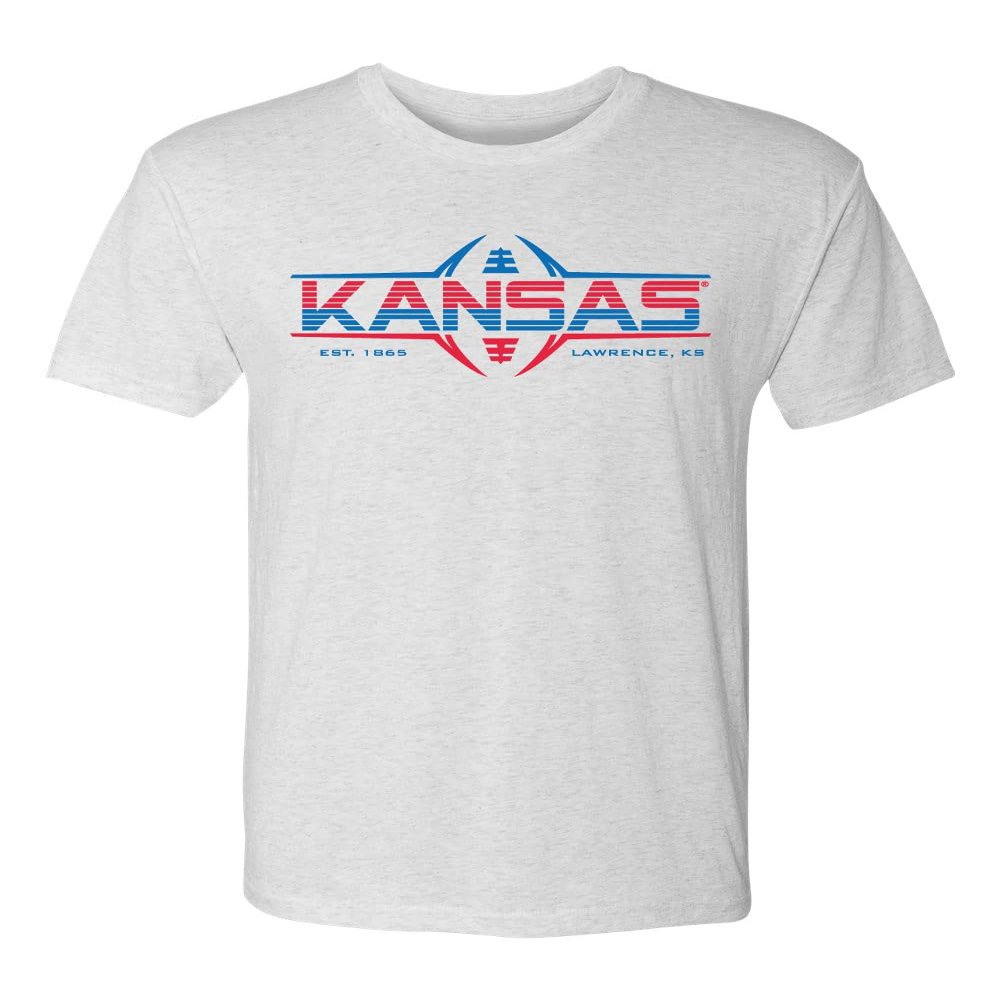 CornBorn Kansas Jayhawks Tee Shirt - Premium Tri-Blend Kansas Football Laces - White - Extra Small
