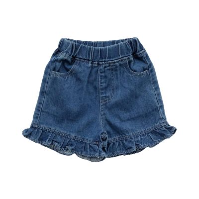 Baby iker Shorts Toddler Girls' Solid Color Ruffle Hem Denim Shorts Skirt With Pockets Summer Teen (Blue, 3-4 Years)
