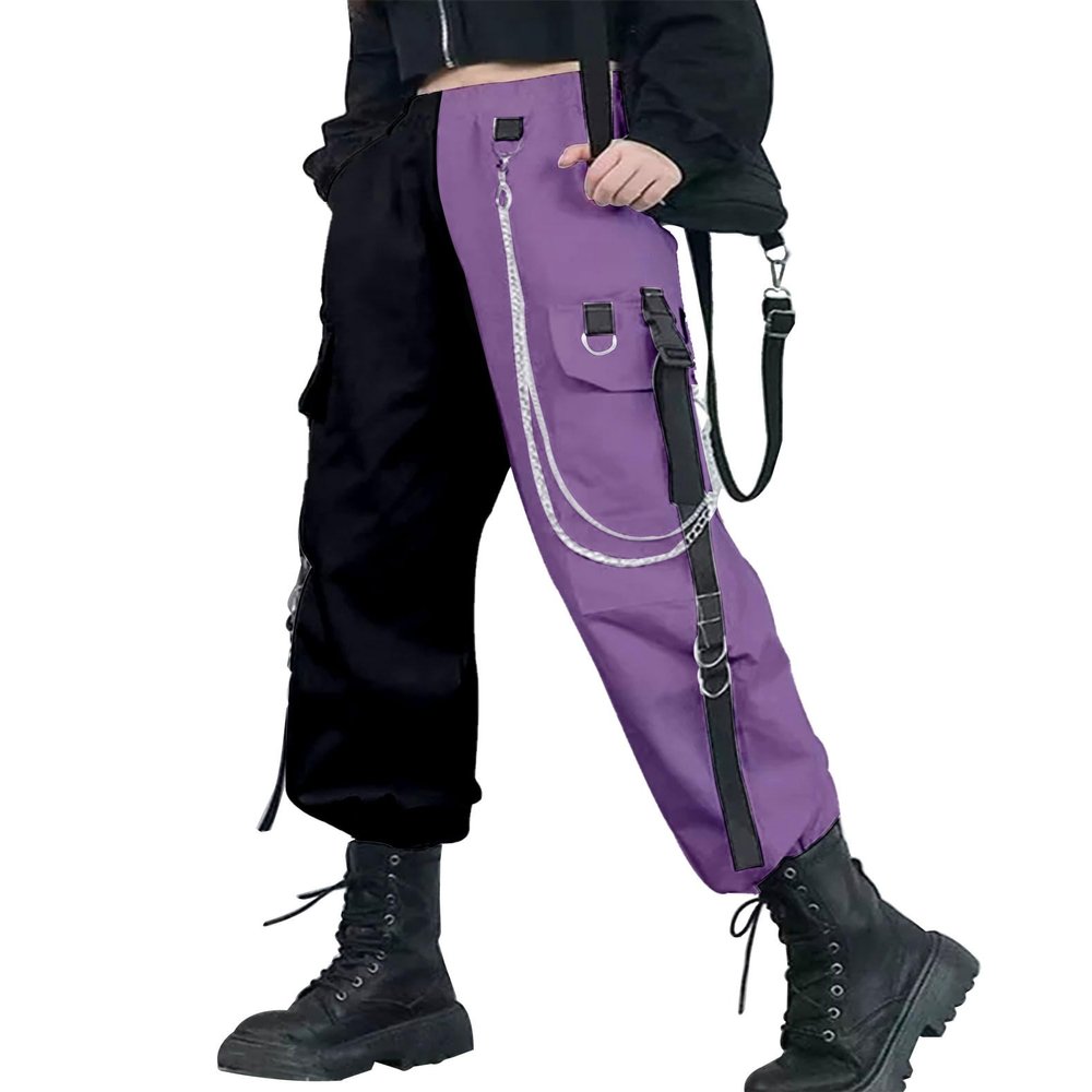Kisswow Patchwork Pants Black and Purple High Waisted Cargo Pants Women Baggy Punk Streetwear Street Style Fashion for Women