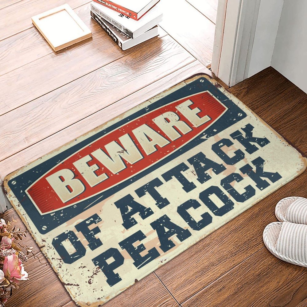 Dsoluuing Classroom Door Mat Beware of Attack Peacock Rug Boys Room Decor Fall Rug (Size : 65X90CM)