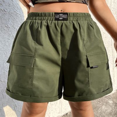 AKIOLOAS Women's Shorts Letter Patched Detail Flap Pocket Side Shorts Women's Shorts Shorts for Women (Color : Army Green, Size : X-Small)