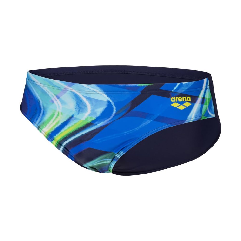 ARENA Feel Men's Visual Waves Drawstring Swim Brief Waterfeel Sports Bathing Swimsuit Pool Beach Swimwear, Navy/Neon Blue Multi, US Size 40