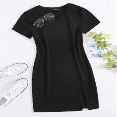 Neon Pink Split Hem Solid Dress (Color : Black, Size : X-Small)