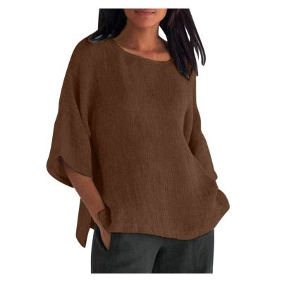 Cotton Tops for Woman Indian Women Shirts and Blouses Casual Cotton Linen Summer Tops Going Out Lounge Half Sleeve Crew Neck Side Split Work Tees Brown M