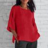 Women Linen Shirt Short Sleeve Women Shirts and Blouses Casual Cotton Linen Summer Tops Going Out Lounge Half Sleeve Crew Neck Side Split Work Tees Red M view 2